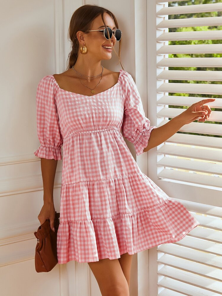 Sweetheart Neck Gingham Print Dress | SHEIN