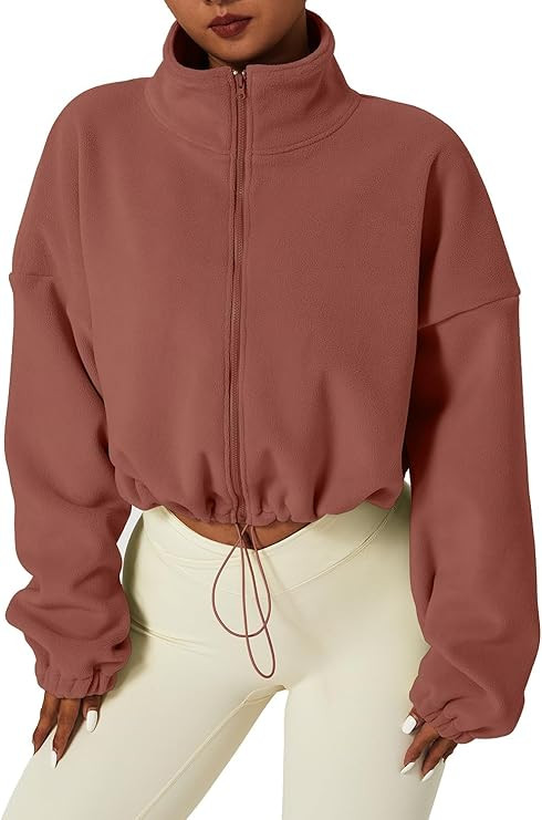 QINSEN Women's Full Zip Fleece Short Jacket Warm Winter Long Sleeve Stand Collar Sherpa Crop Coat | Amazon (US)