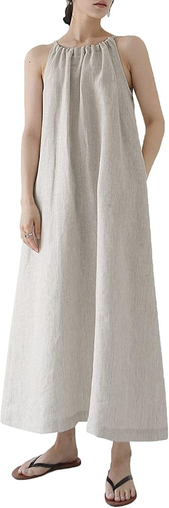 Amazhiyu Womens Linen Halter Sleeveless Maxi Dress Tie Back with Belt and Pockets | Amazon (US)