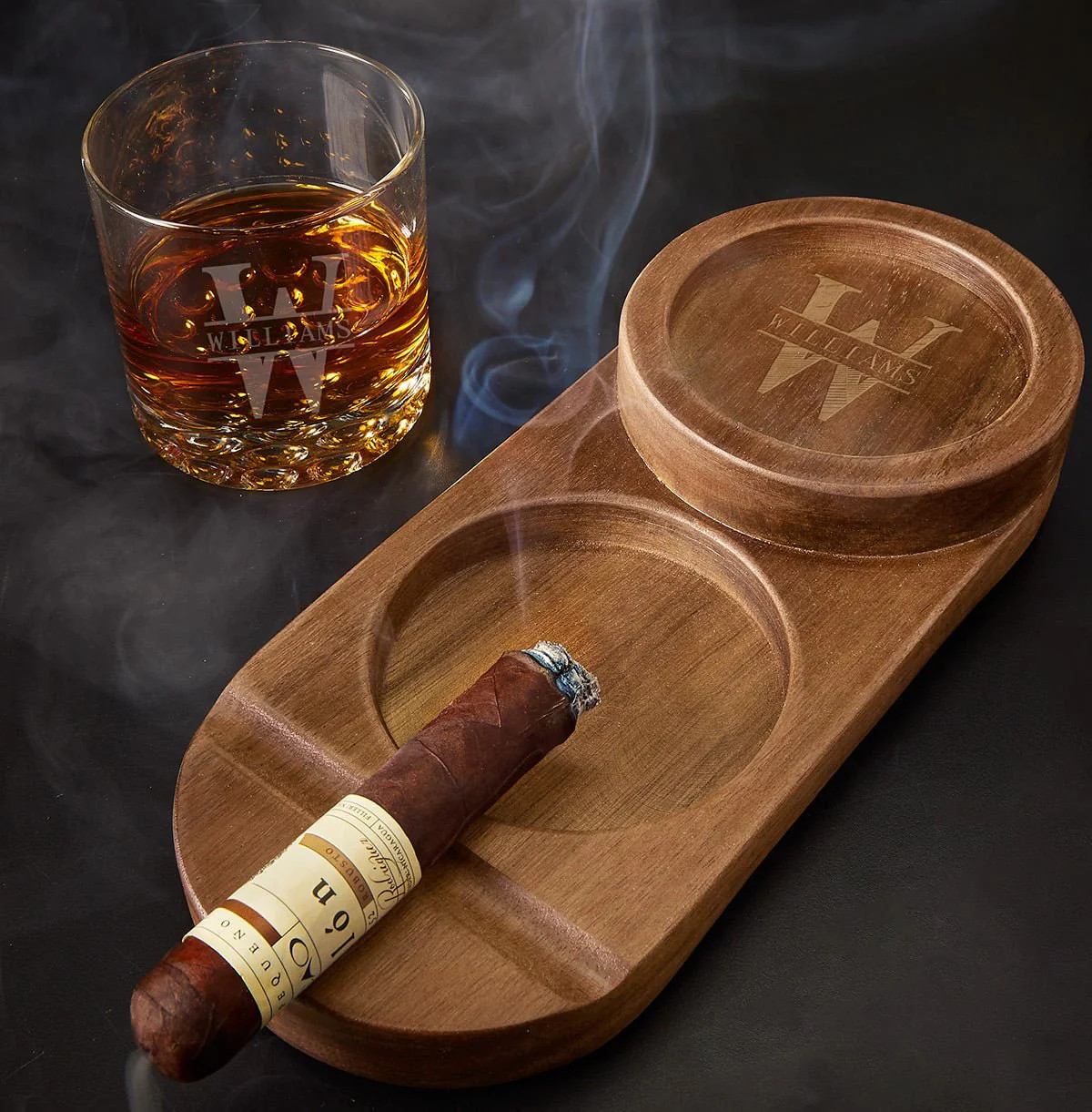 Engraved Cigar Ashtray and Whiskey Glass Holder | HomeWetBar.com