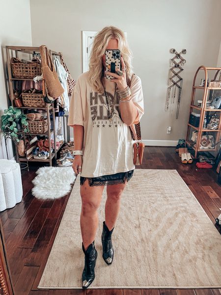 This black slip skirt is so CUUTE! Adorable concert look and perfect layered under a tee. 
Slip skirt L (sized up) 
Tee sized up to XL 
Boots TTS 
Necklace SAVE WITH CODE MANDIE15


#LTKOver40 #LTKShoeCrush #LTKStyleTip