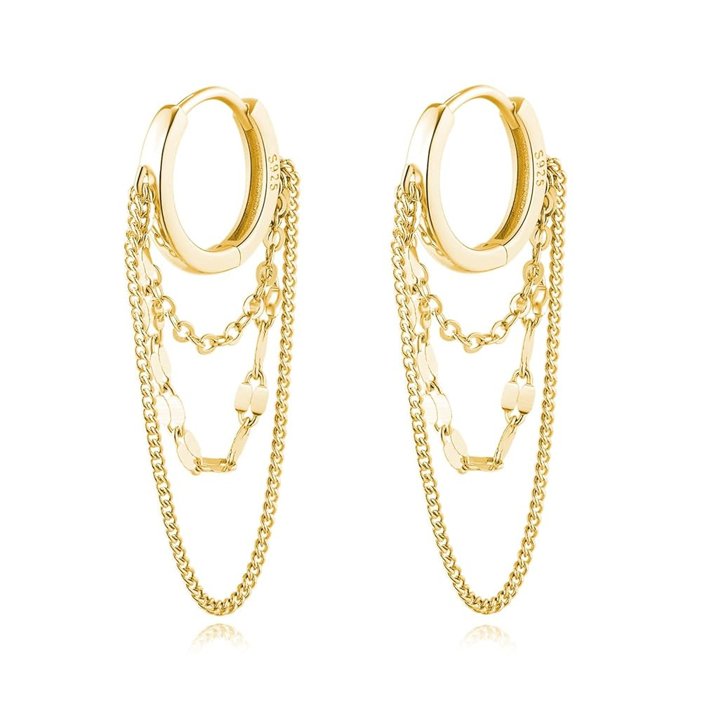 Reffeer Solid 925 Sterling Silver Chain Drop Earrings Hoop for Women Teens Hoop Earrings Tassel C... | Amazon (US)