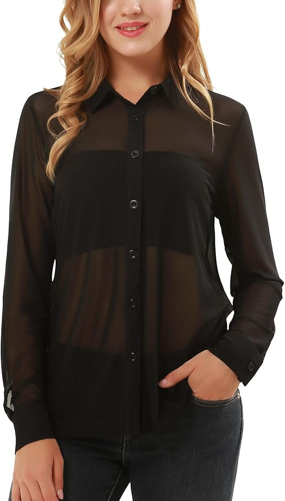 BAISHENGGT Womens Sexy See Through Long Sleeve Button Down Mesh Tops Blouses | Amazon (US)