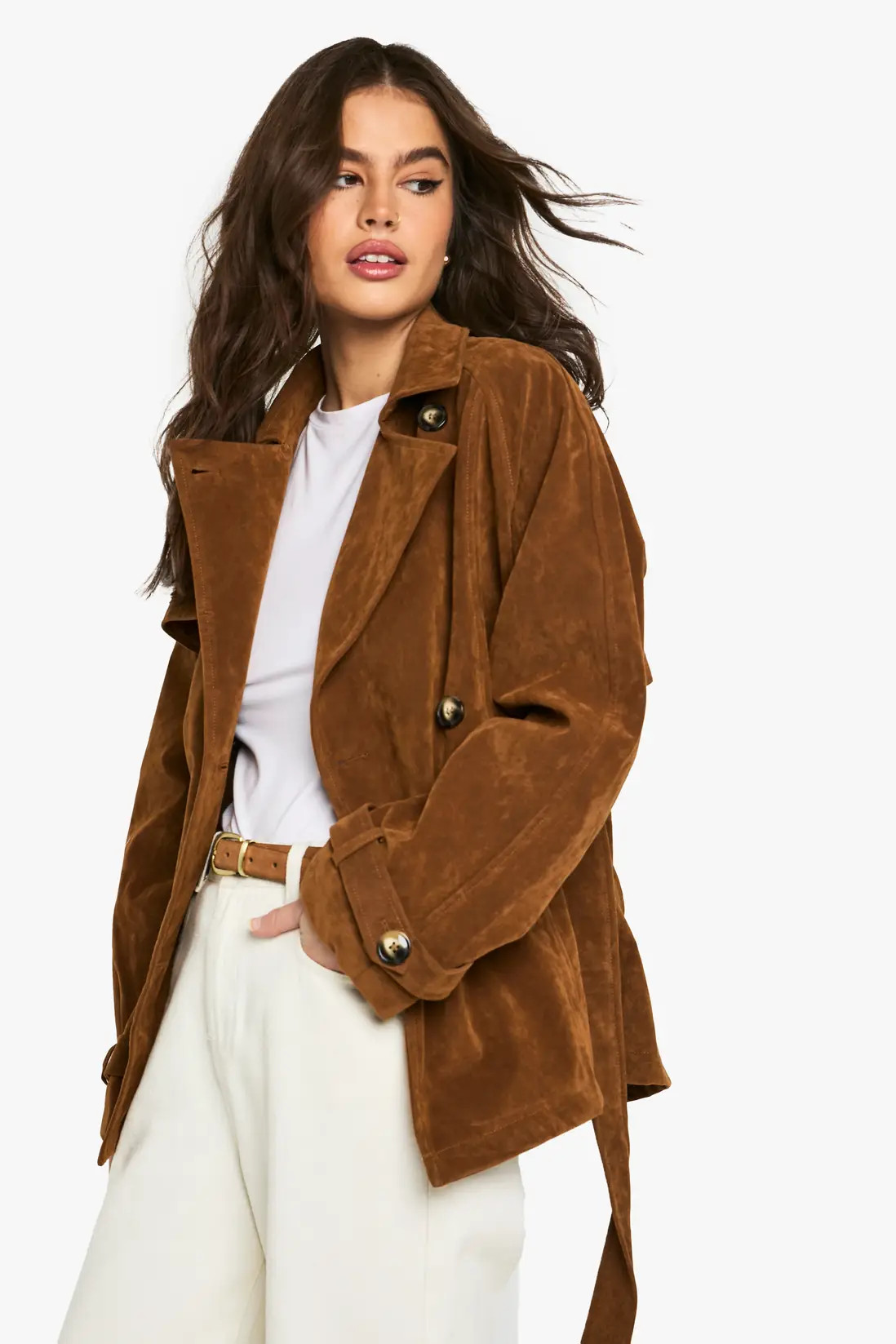 Suede Look Short Belted Trench Coat | Boohoo.com (UK & IE)