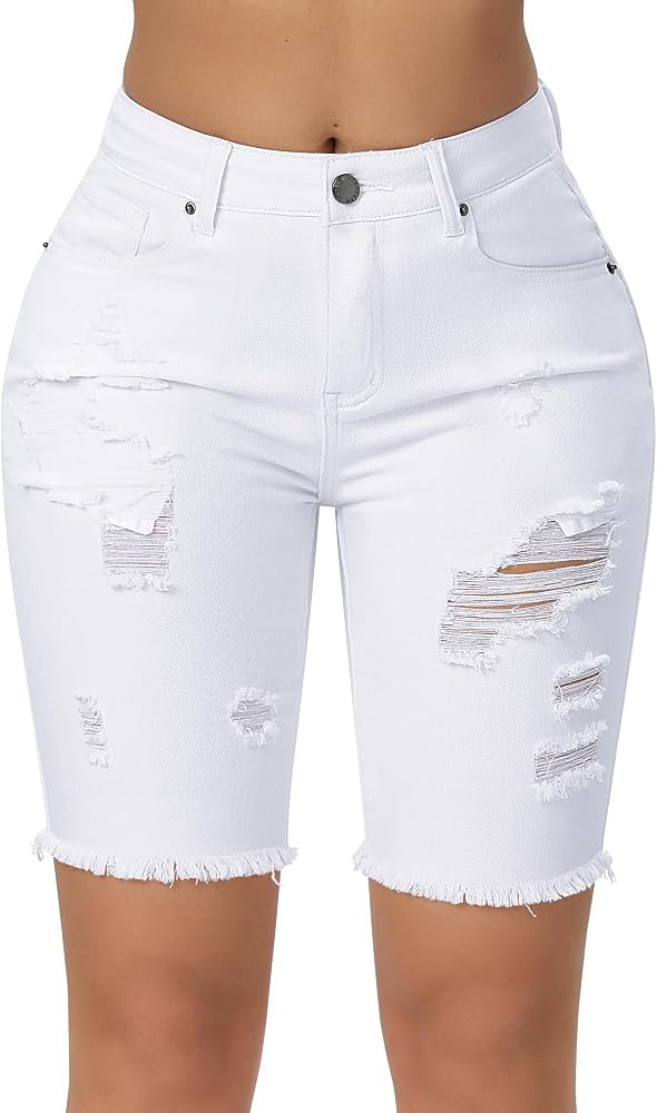 roswear Women's Bermuda Shorts Distressed High Waisted Denim Jean Shorts with Frayed Hem | Amazon (US)