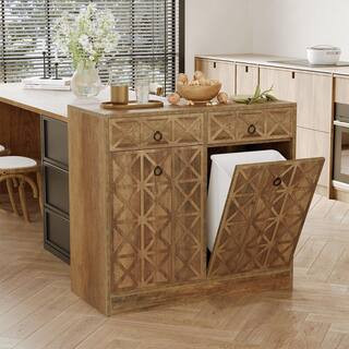 Brown Wood 39 in. Sideboards Double Tilt-Out Trash Cabinet, 13 Gal. Fluted Garbage Cabinet, Hidde... | The Home Depot