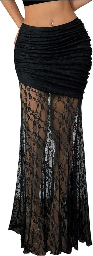 SHENHE Women's Lace Maxi Skirt Sheer Y2k High Waisted Coquette Fairy Fishtail Skirt | Amazon (US)