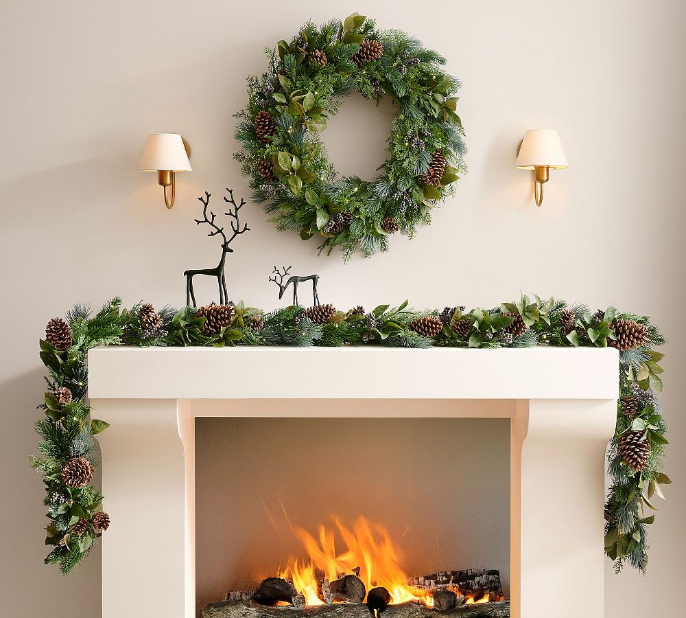 Faux Lit Rustic Pine and Berry Wreath & Garland | Pottery Barn (US)