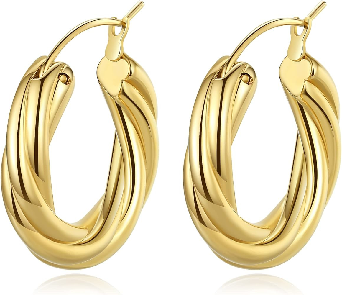 YeGieonr Chunky Gold Hoop Earrings for Women Trendy Twisted Stainless Steel Thick Hoops with 18K ... | Amazon (US)