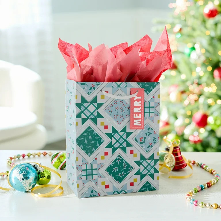 American Greetings 9 in. Medium Multicolor Gift Bag for Christmas, Quilt (1-Count) | Walmart (US)