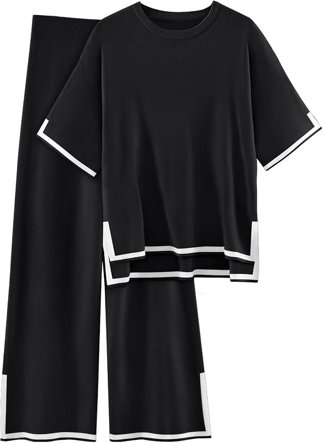LILLUSORY Womens Two Piece Outfits Short Sleeve Knit Sweater Top Wide Leg Pants Lounge Sets | Amazon (US)