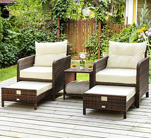 Pamapic 5 Pieces Patio Furniture Set, Rattan Balcony Furniture with Ottomans, PE Wicker Outdoor Patio Chairs Set with Coffee Table for Poolside, Porch, Lawn, Garden, Balcony(Beige) | Amazon (US)