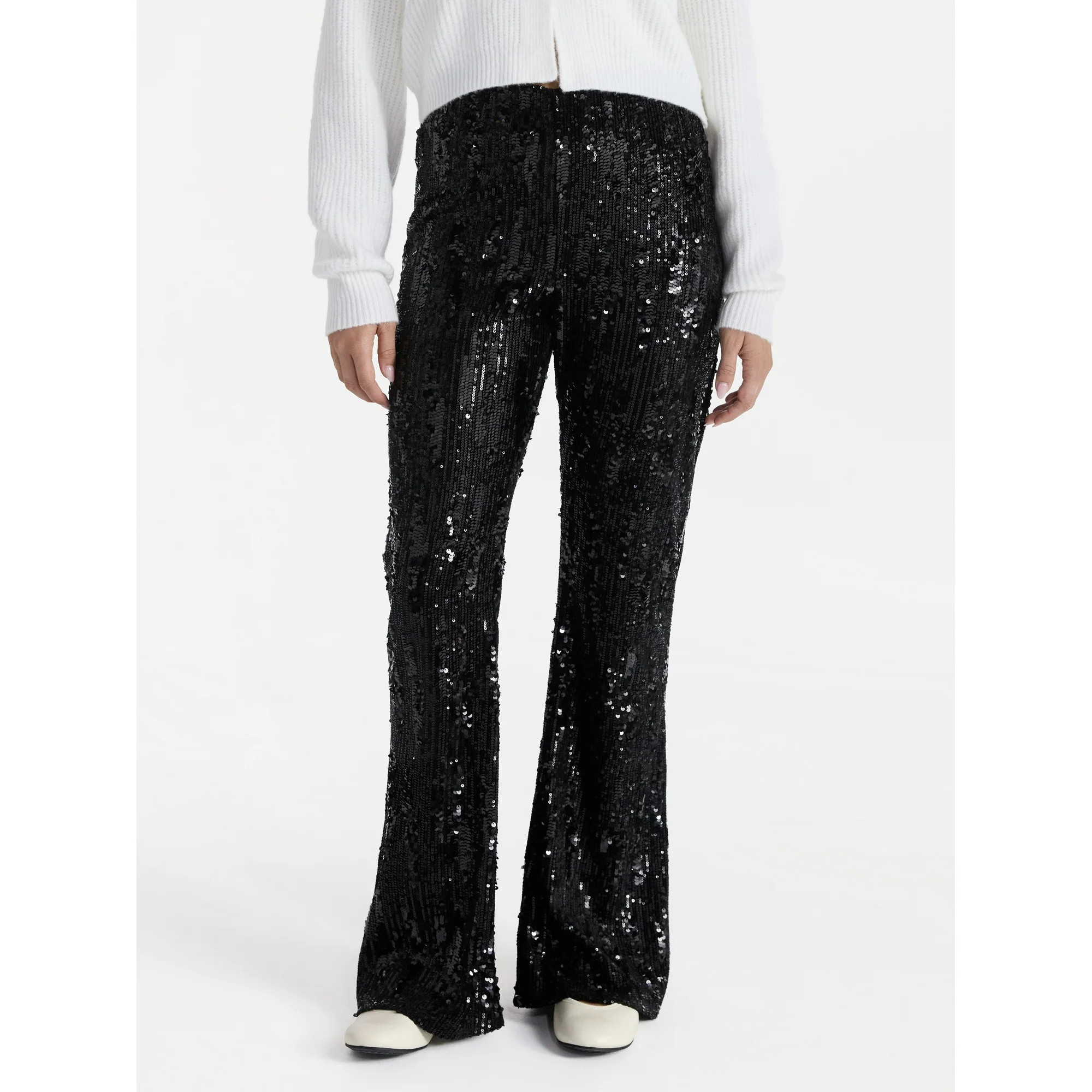 No Boundaries Sequin Flare Pants, Women's and Women's Plus | Walmart (US)