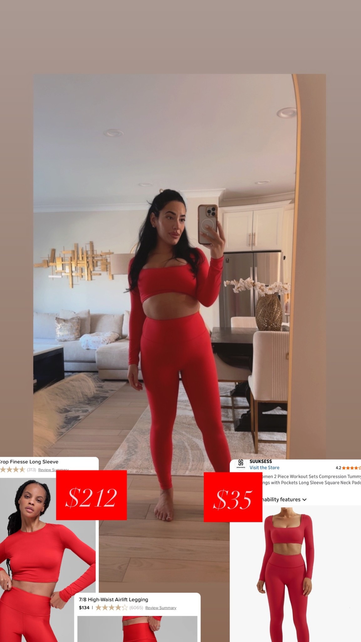 Red athletic wear ~ which set are you choosing, $35 Amazon or $212 ALO? ❤️

Still newly postpartum wearing a S but could’ve sized up to M for added comfort. Loving the high-waisted compression this set has to offer! Great for my C-section recovery.  

#LTKmomlife #LTKfitnessgoals #LTKActive