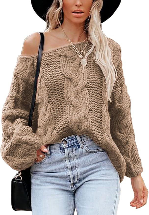 VIMPUNEC Womens Oversized Sweater Color Block Off The Shoulder Pullover Sweaters Cable Knit Chunk... | Amazon (US)