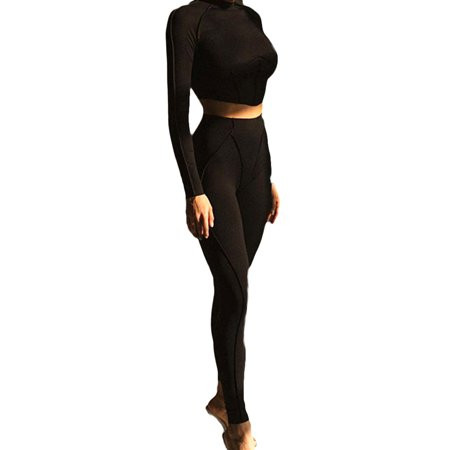 QILINXUAN Women s 2 Piece Workout Set Stitching Long Sleeve Mock Neck Crop Tops and High Waist Leggi | Walmart (US)