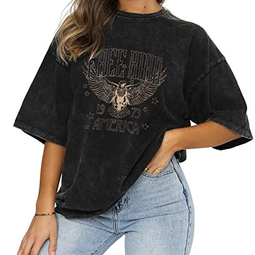 Women Vintage Rock Band T-Shirt America Free Bird Eagle Graphic Bleached Tee Rock Lovers Shirt Casual Short Sleeve Top(Charcoal Black-55, XL) | Amazon (US)