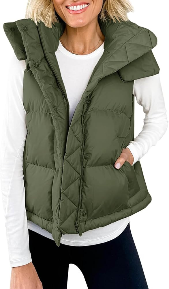 Imily Bela Womens Quilted Puffer Vest Hooded Winter Casual Stand Collar Gilet With Pockets | Amazon (US)