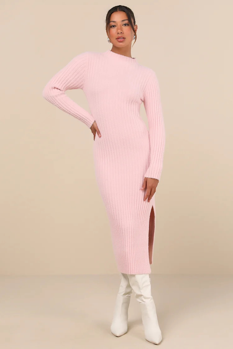 Irresistible Feelings Light Pink Fuzzy Knit Midi Sweater Dress | Lulus