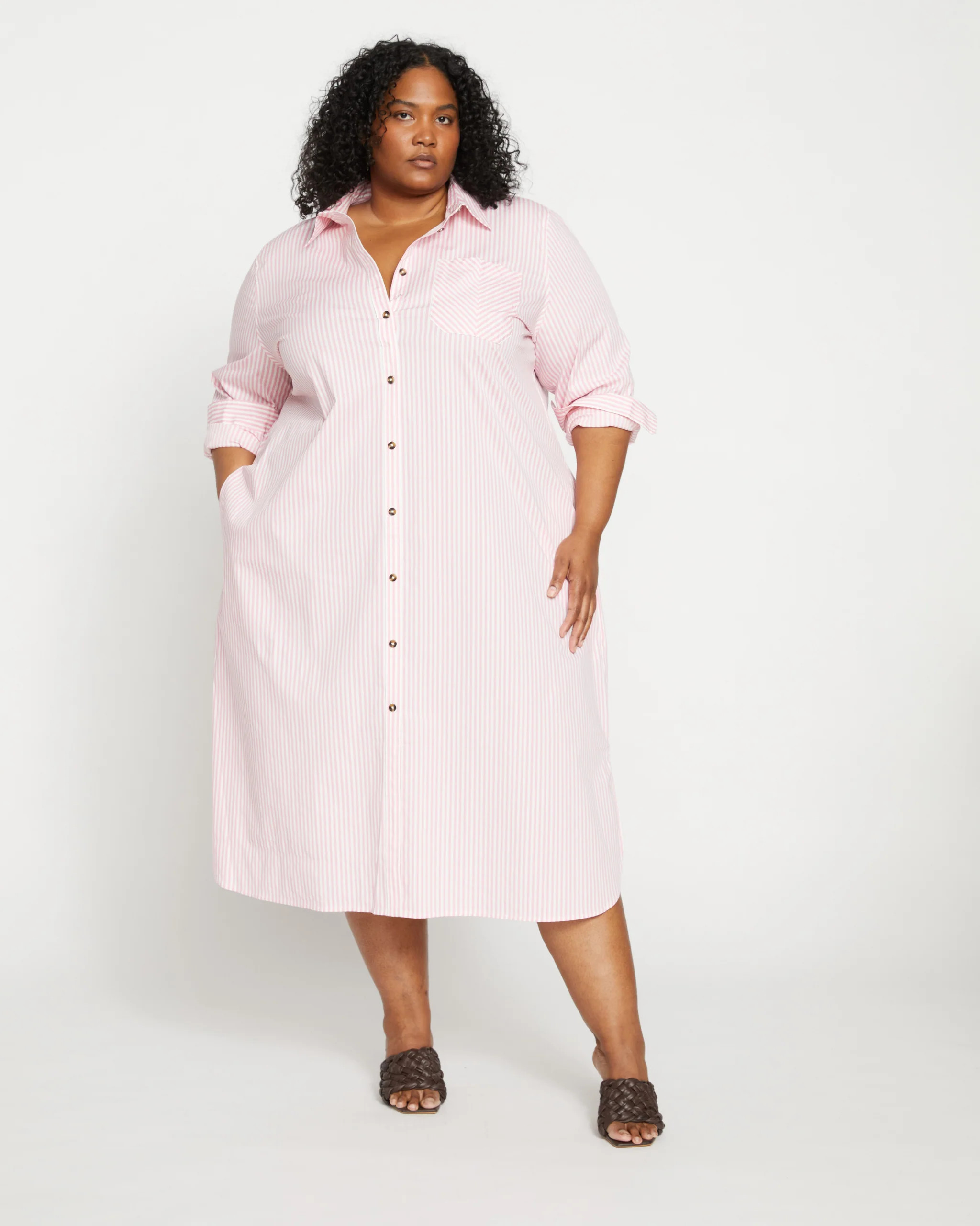 Odeon Stretch Poplin Shirtdress - Pink/White Stripe | Universal Standard