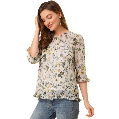 INSPIRE CHIC Women's Round Neck Ruffle 3/4 Sleeve Floral Print Chiffon Top Medium Beige | Target