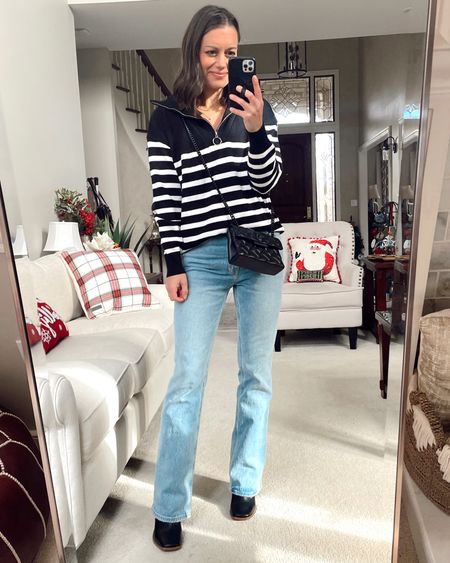 Amazon winter outfit - striped sweater (true to size wearing a small), Abercrombie jeans (true to size), boots (true to size) 

#LTKstyletip #LTKSeasonal #LTKsalealert