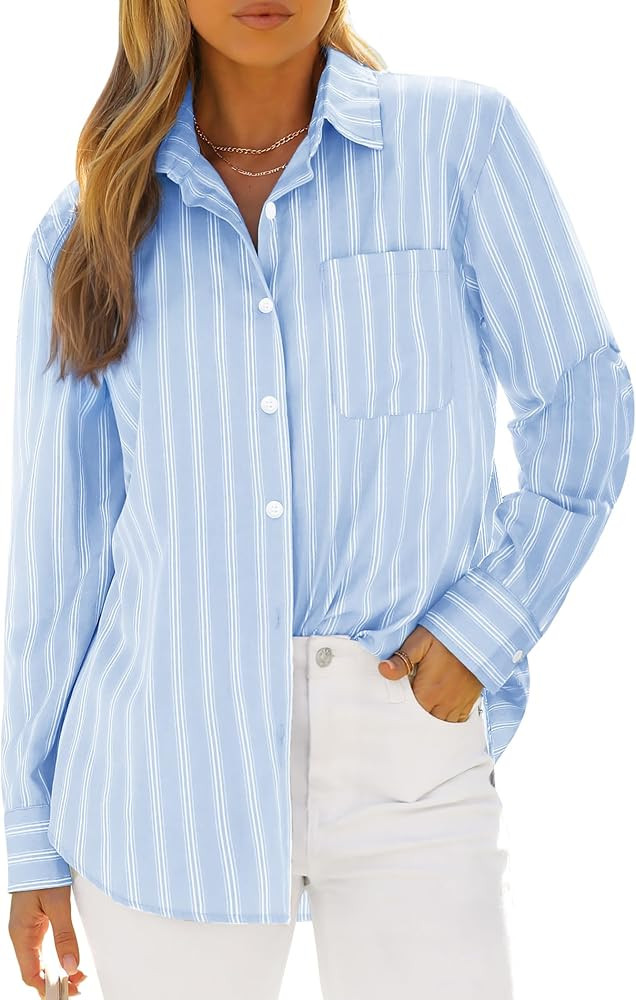 siliteelon Button Down Shirts for Women Striped Long Sleeve Shirt Collared Office Work Blouses To... | Amazon (US)