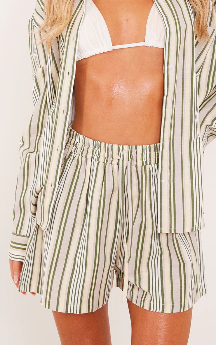Khaki Stripe Linen Look Oversized Floaty Shorts | PrettyLittleThing US