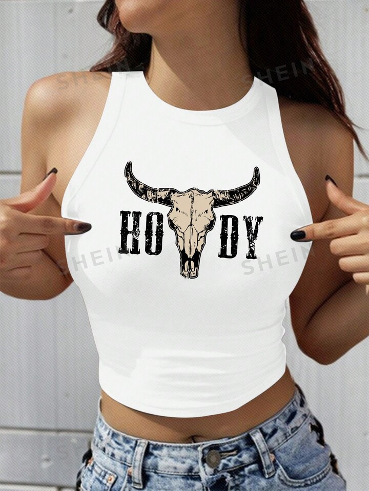 SHEIN EZwear Casual Simple Cow Head Pattern Round Neck Slim Fit Tank Top, Suitable For Summer | SHEIN