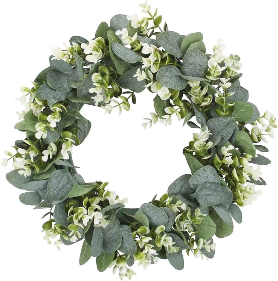 16'' Eucalyptus Wreath for Front Door Artificial Spring Summer Wreath for Wall with Green Leaves ... | Amazon (US)