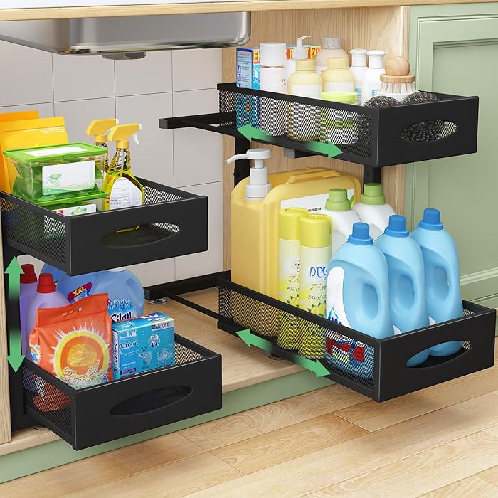 Under Sink Organizer, 2 Tier Pull out Cabinet Organizer Baskets with Mesh Sliding Drawers, Slide ... | Amazon (US)