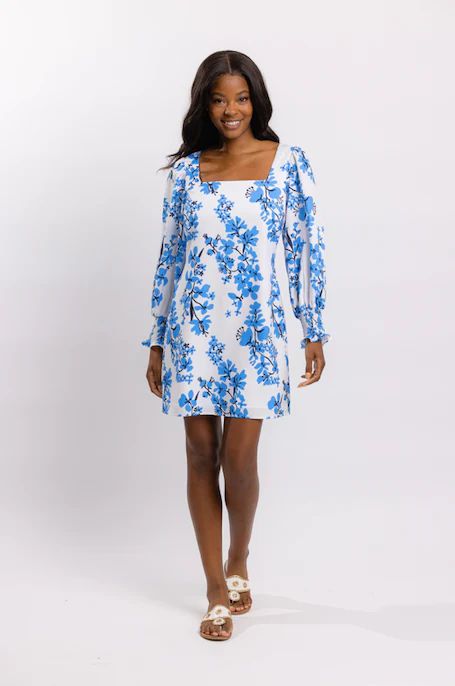 Blue Vines Print Square Neck Puff Sleeve Dress | Sail to Sable