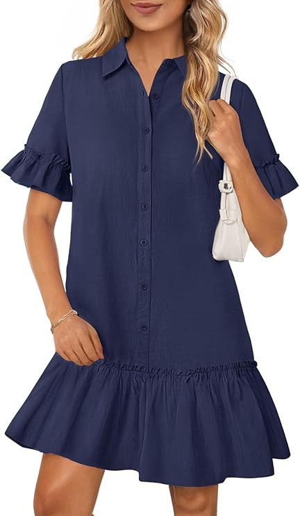 MEROKEETY Women's Summer Button Down Shirt Dress Casual Ruffle Sleeve Shift Mini Dresses with Poc... | Amazon (US)
