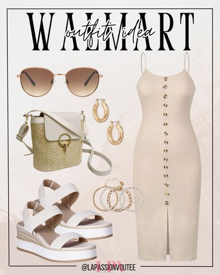 Effortless elegance for sunny days! Embrace the warmth in a chic button-down bodycon dress, accentuated with hoop earrings and a delicate bracelet set. Shield your eyes with stylish sunglasses and carry your essentials in a trendy crossbody bag. Step out in confidence with wedge strappy sandals from Walmart.

#LTKSeasonal #LTKstyletip #LTKfindsunder100