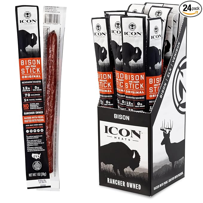 ICON Meats Bison and Pork Snack Sticks, Original Flavor, 24 Pack of High Protein Snacks, Sugar Fr... | Amazon (US)