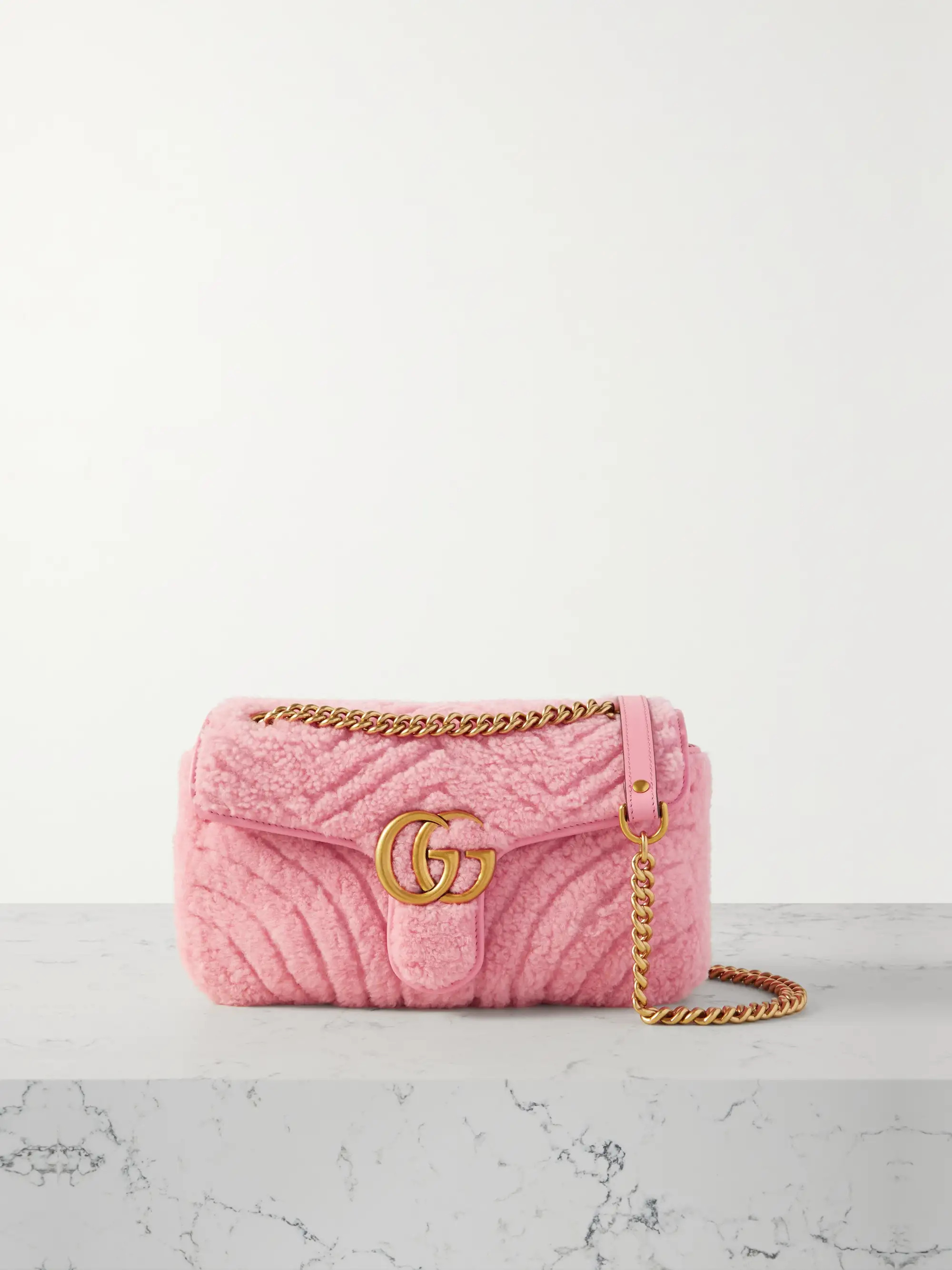 GG Marmont 2.0 leather-trimmed matelassé shearling shoulder bag | NET-A-PORTER (US)