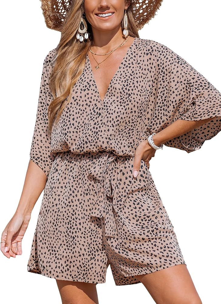 CUPSHE Women's Lace Up Leopard Print Romper Short Sleeves Jumpsuits Wide leg Outfit | Amazon (US)