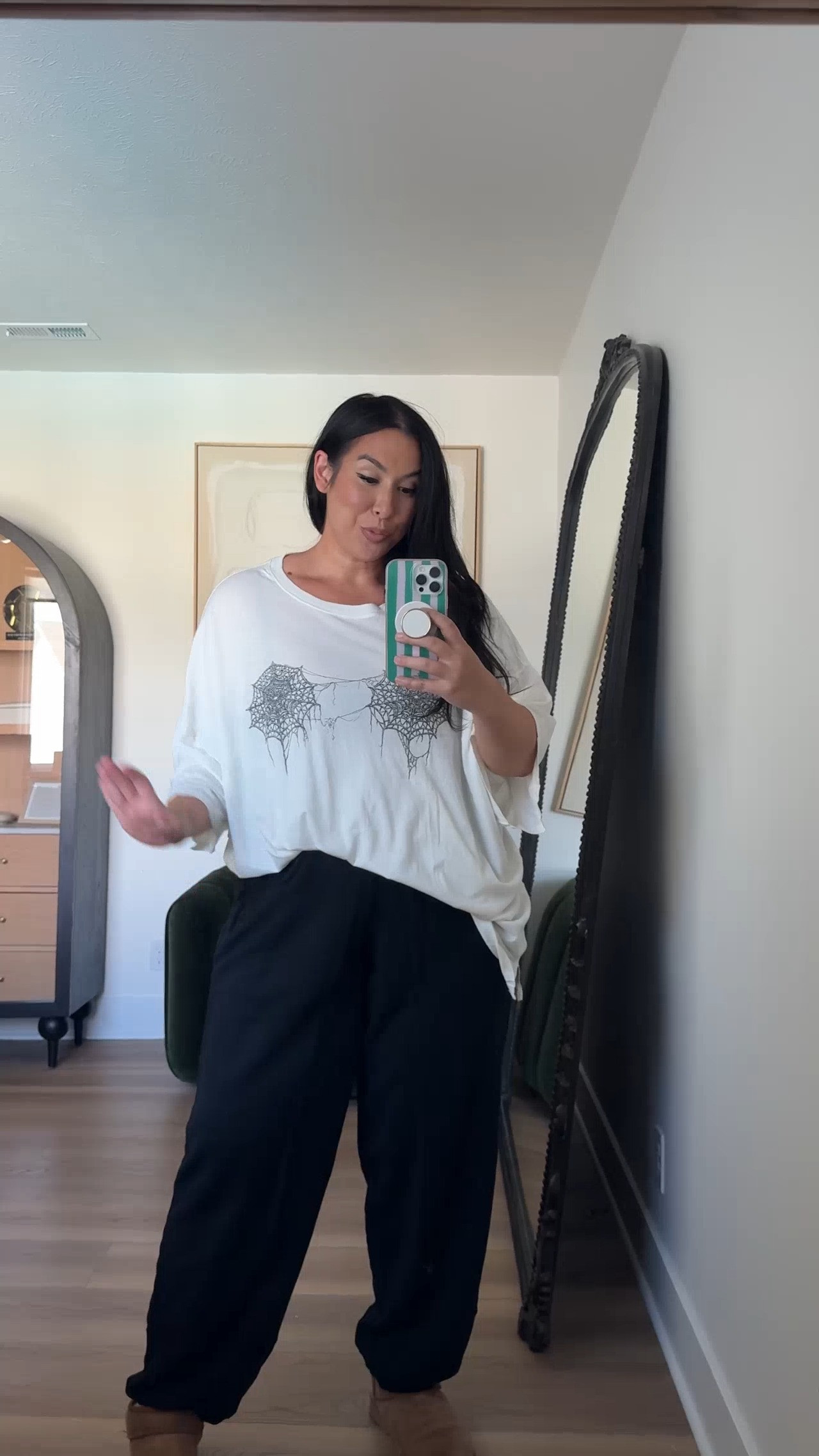 This cobweb tee!! This is just so fun for Halloween! It's super oversized, so you can definitely size down if you want to wear it as more of a graphic tee than sleep shirt!

Tee: XXL
Joggers: L Long

aerie, casual outfits, cozy outfits, fall outfits, mid size outfit ideas for fall, affordable outfits, halloween tee, graphic tee, sleep shirt 

 #LTKootd #LTKSeasonal #LTKMidsize