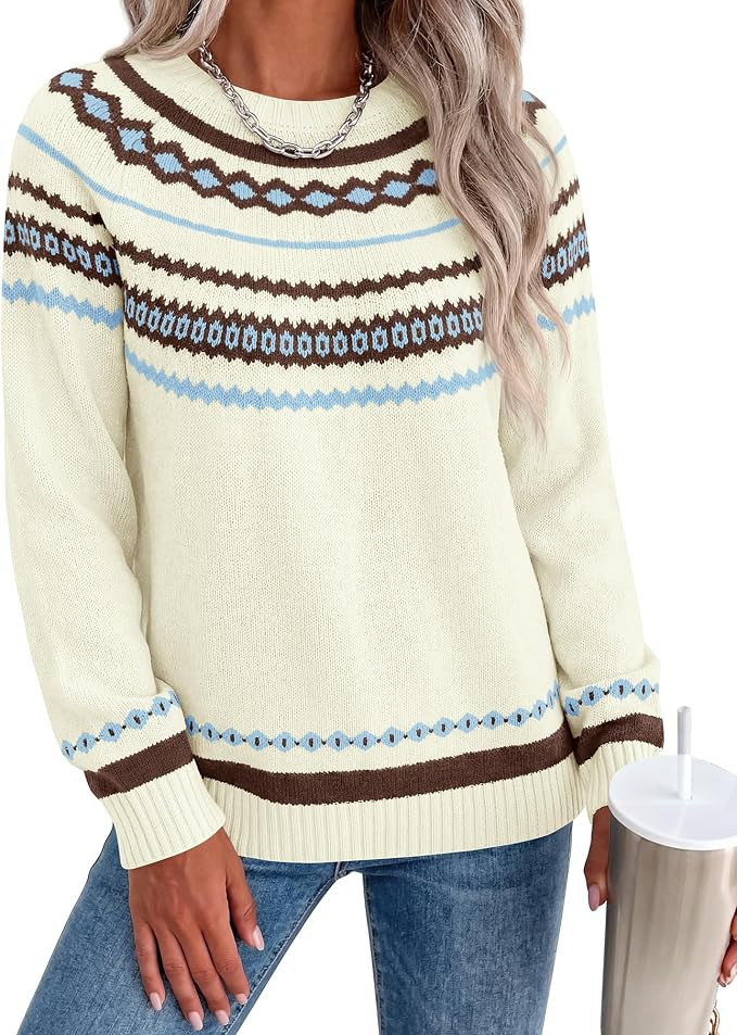 BTFBM Womens Sweaters Fall 2026 Casual Long Sleeve Sweater | Fair Isle,Stretchy,Lightweight, Crew... | Amazon (US)