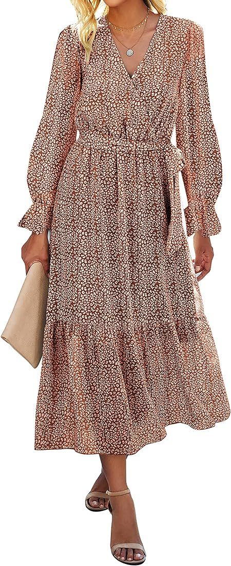 BTFBM Women's Casual Dresses Long Sleeve Wrap V Neck Floral Print Bohemian Swing A-Line Pleated Hem  | Amazon (US)