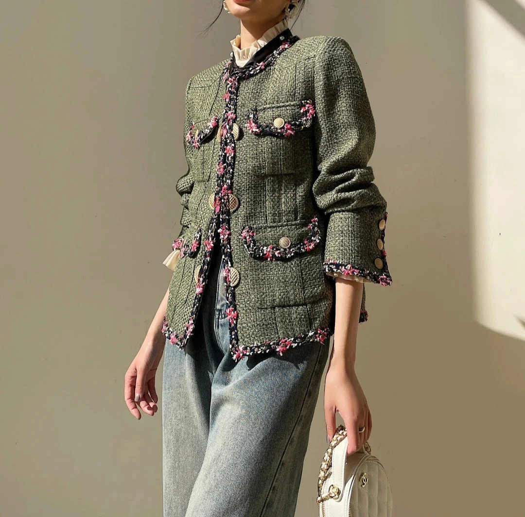 Handmade Tweed Boucle Olive Green Jacket With Floral Trim Gold Button | Etsy (US)