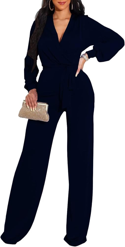 Women's Sexy Sparkly Jumpsuits Plus Size Elegant Clubwear Long Sleeve Wide Leg Pants Rompers with Be | Amazon (US)