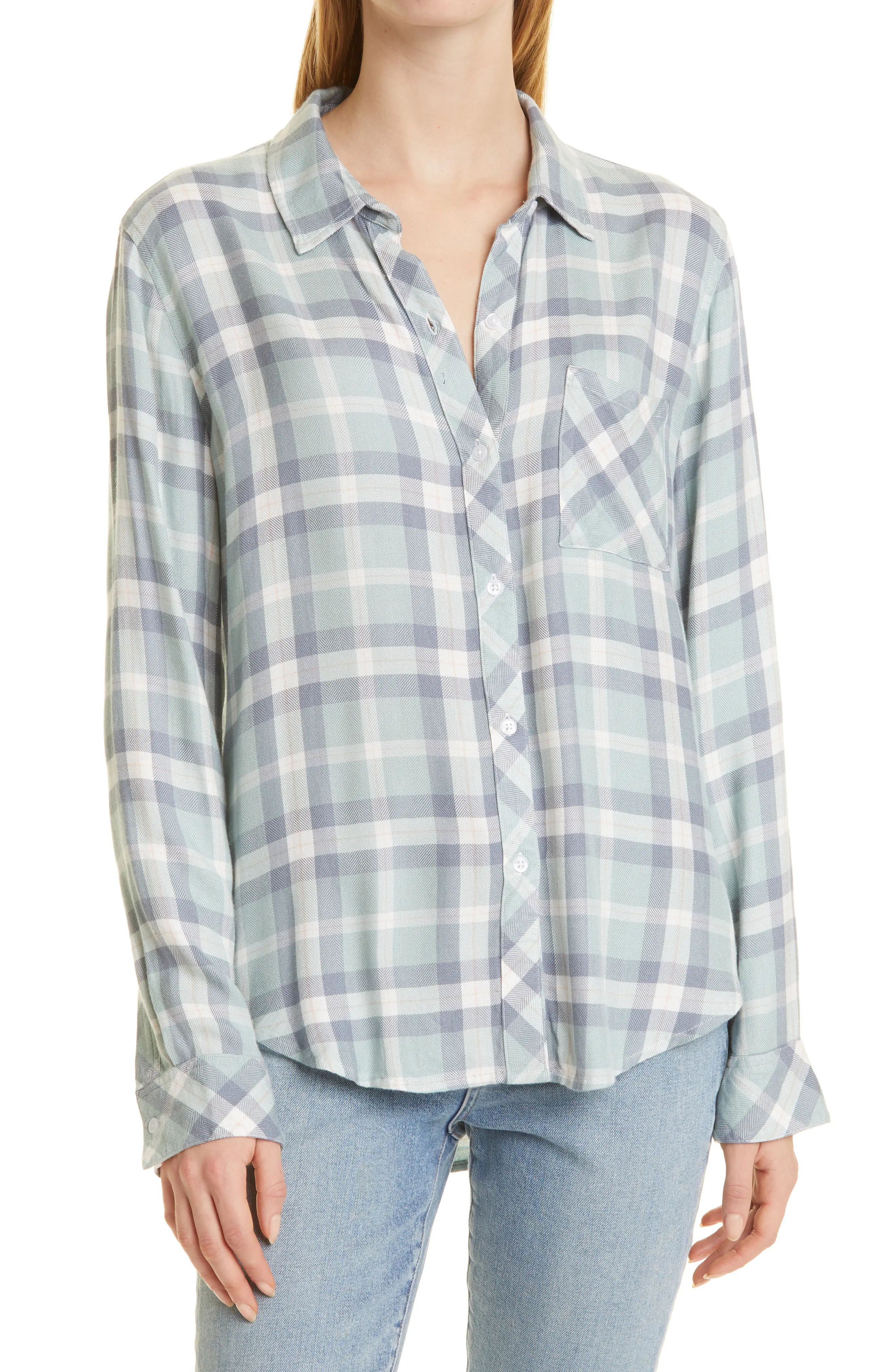 Rails Women's Hunter Plaid Button-Up Shirt in Sea Breeze Navy Peach at Nordstrom, Size X-Small | Nordstrom
