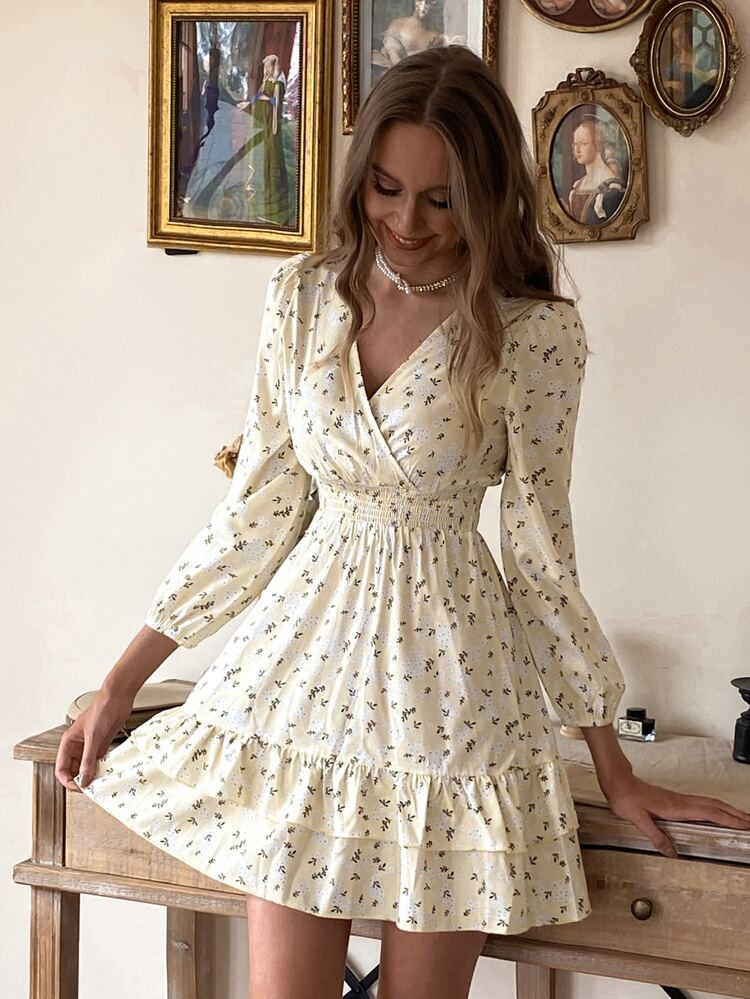 Surplice Front Shirred Waist Ditsy Floral Dress | SHEIN