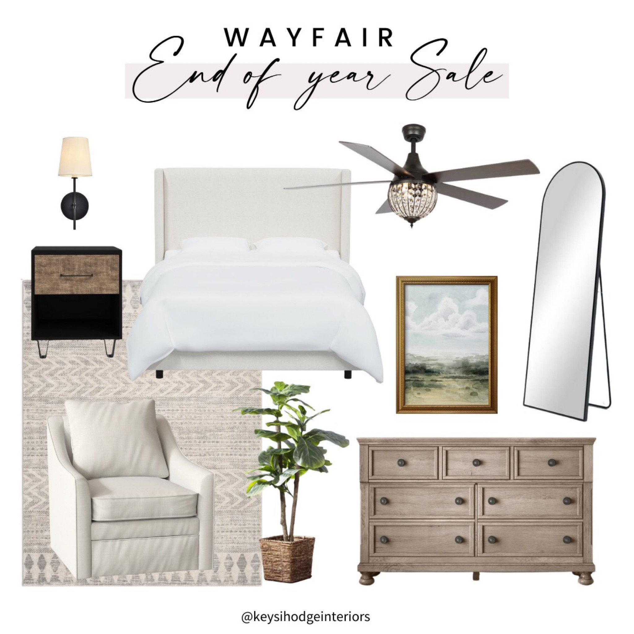 Wayfair sale, wayfair finds, sale alert, ivory bed, floor mirror, seivel chair, black nightstand, brown gray dresser, ceiling fab, neutral bedroom rug, bedroom furniture, neutral bedroom, bedroom decor

#LTKFind #LTKhome #LTKsalealert