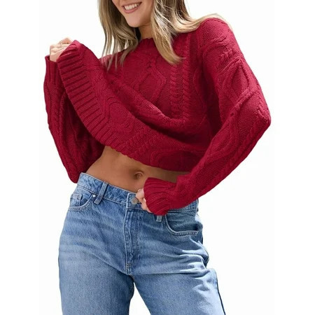 Women'S Oversized Cable Knit Crewneck Sweaters Red M | Walmart (US)