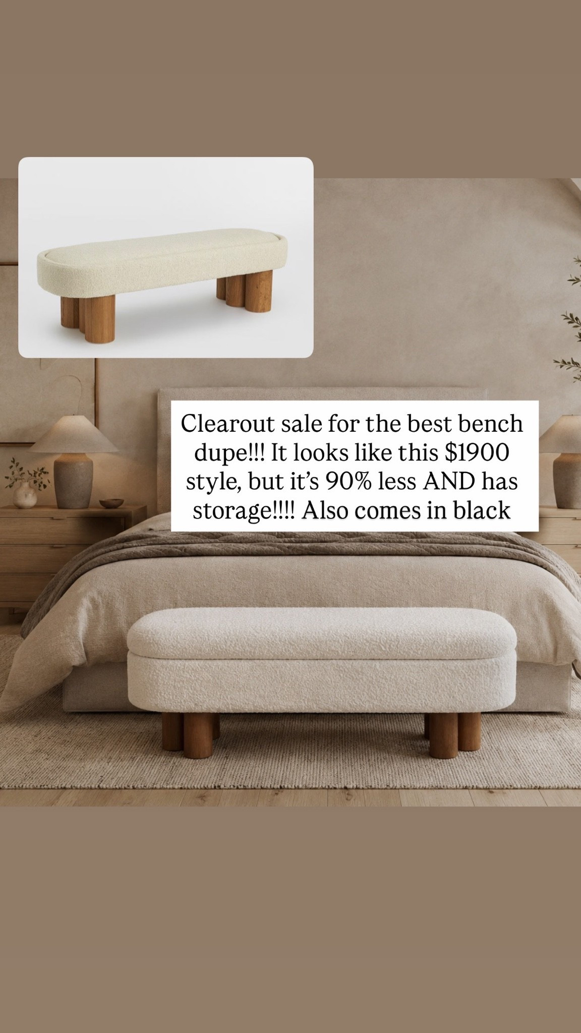 Clearout sale for the best bench dupe!!! It looks like this $1900 style, but it’s 90% less AND has storage!!!! Also comes in black