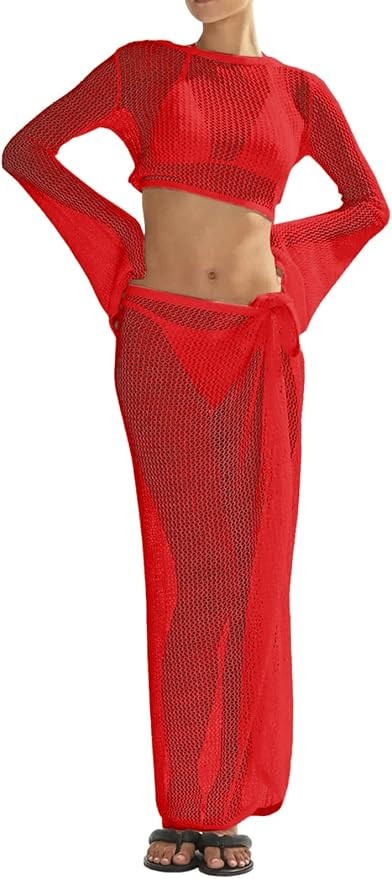 Women's Swimsuits Cover Ups Set for Crochet Bathing Suit Hollow Out 2 Piece Bikini Coverup Beach ... | Amazon (US)