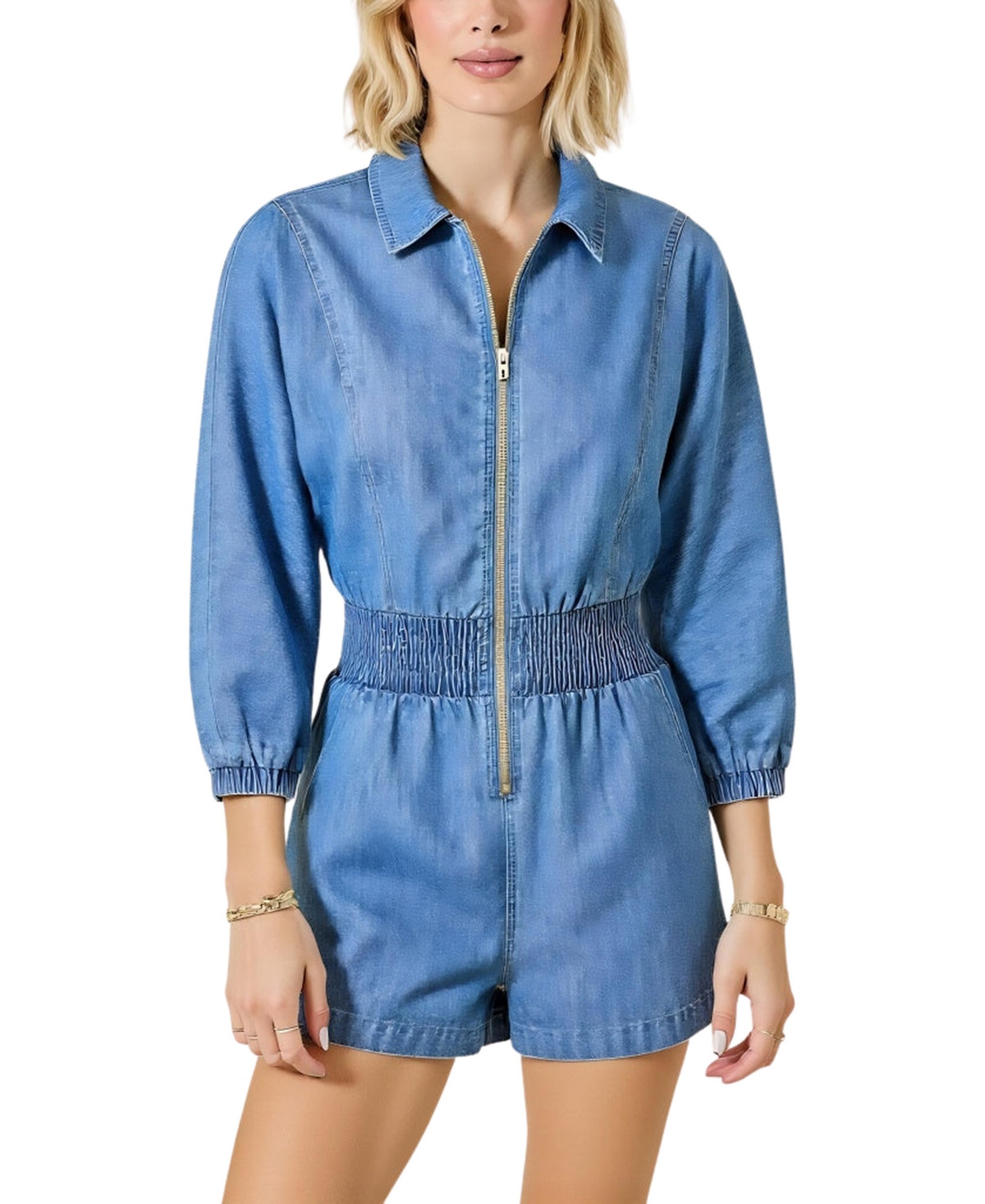 Modenaire Women's Zip Front Smocked Waist 3/4 Sleeve Romper - Blue | Macy's