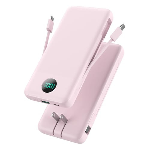 GKUTW Portable Charger 13800mAh Slim USB C Power Bank with Built in Cables and Wall Plug,LCD Display Lightweight Travel Battery Pack,PD Fast Charging Compatible with iPhone 15,14,Samsung Android-Pink | Amazon (US)